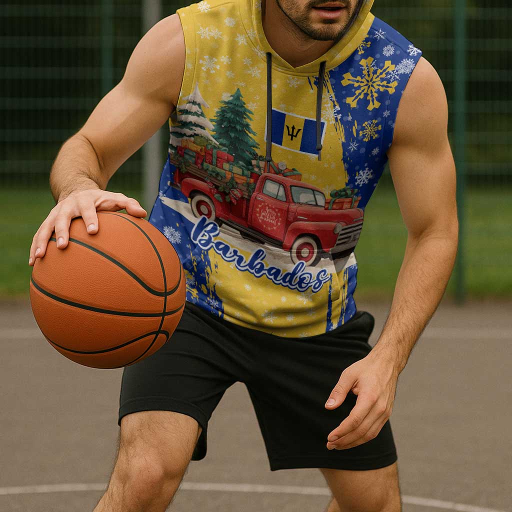 Barbados Christmas Sleeveless Hoodie with Blue Yellow Xmas Snowflakes Red Truck and Coat of Arms - Wonder Print Shop