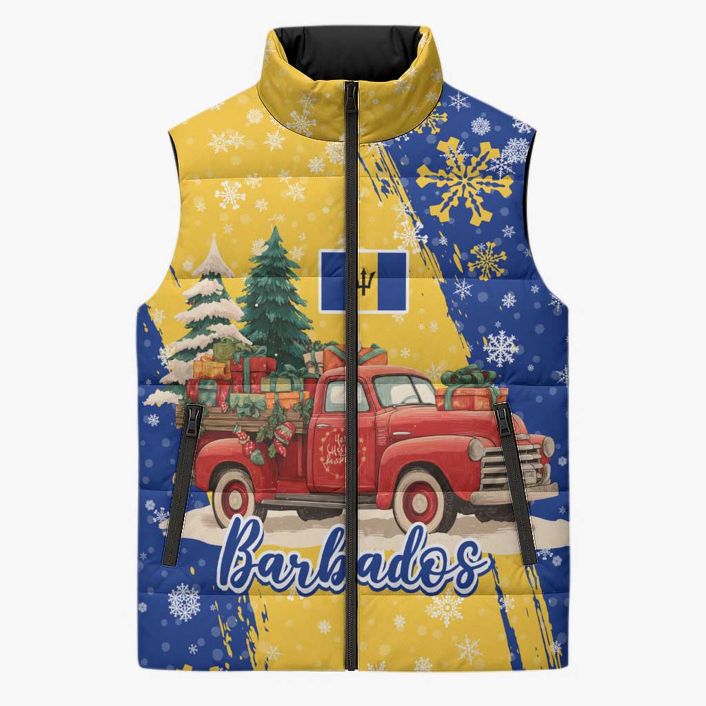 Barbados Christmas Sleeveless Puffer Jacket with Blue Yellow Xmas Snowflakes Red Truck and Coat of Arms - Wonder Print Shop