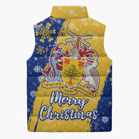 Barbados Christmas Sleeveless Puffer Jacket with Blue Yellow Xmas Snowflakes Red Truck and Coat of Arms - Wonder Print Shop