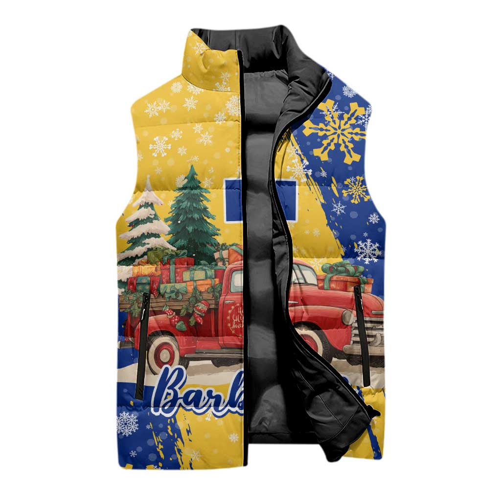 Barbados Christmas Sleeveless Puffer Jacket with Blue Yellow Xmas Snowflakes Red Truck and Coat of Arms - Wonder Print Shop