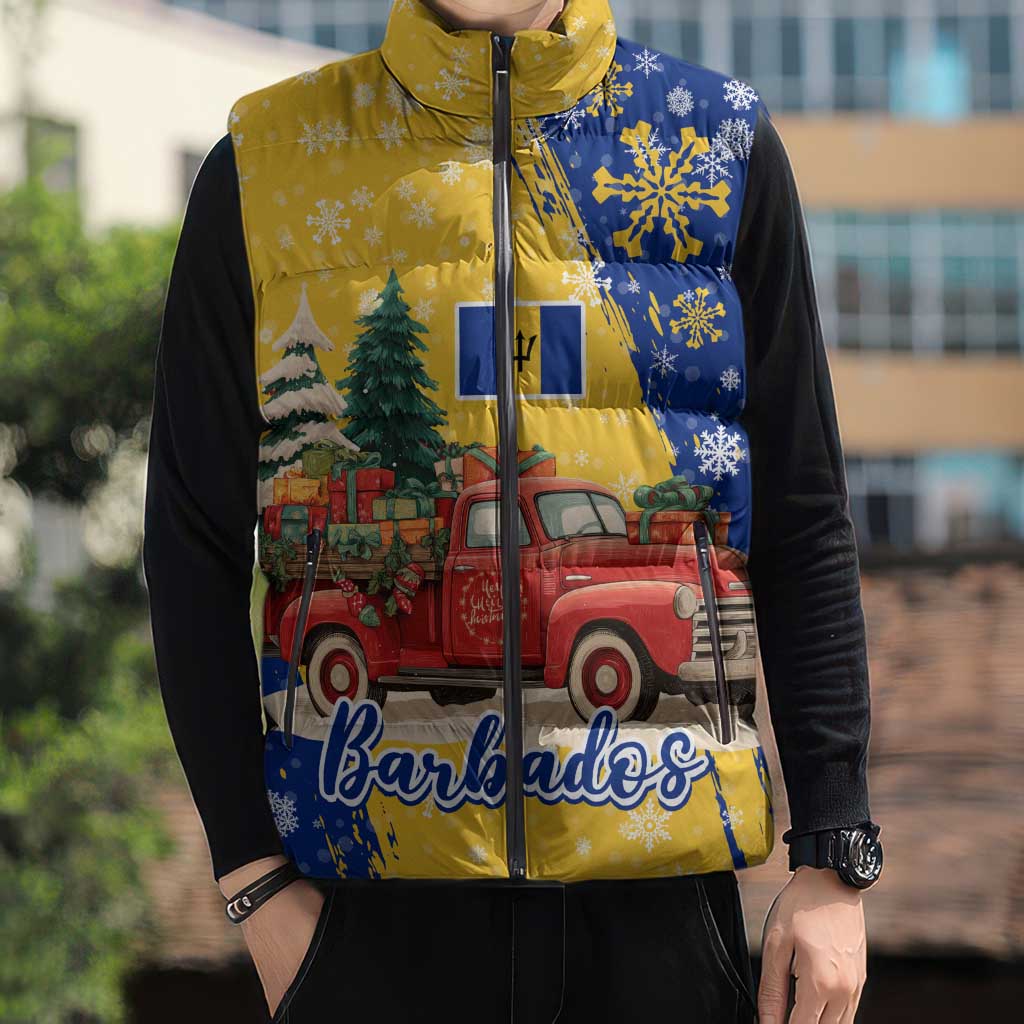 Barbados Christmas Sleeveless Puffer Jacket with Blue Yellow Xmas Snowflakes Red Truck and Coat of Arms - Wonder Print Shop