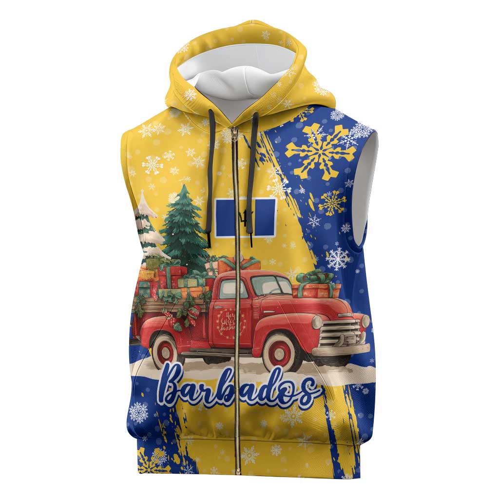 Barbados Christmas Sleeveless Zip Hoodie with Blue Yellow Xmas Snowflakes Red Truck and Coat of Arms - Wonder Print Shop
