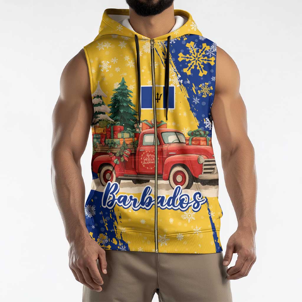Barbados Christmas Sleeveless Zip Hoodie with Blue Yellow Xmas Snowflakes Red Truck and Coat of Arms - Wonder Print Shop