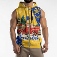 Barbados Christmas Sleeveless Zip Hoodie with Blue Yellow Xmas Snowflakes Red Truck and Coat of Arms - Wonder Print Shop