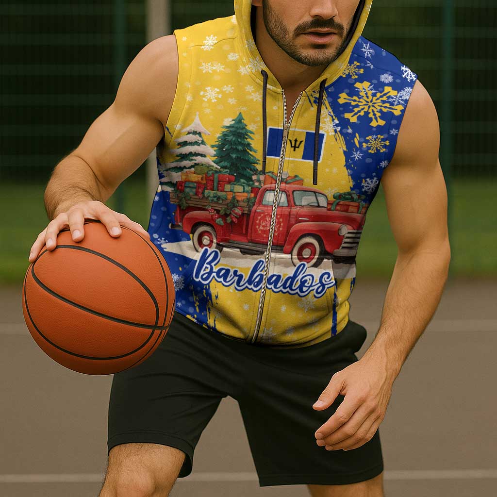Barbados Christmas Sleeveless Zip Hoodie with Blue Yellow Xmas Snowflakes Red Truck and Coat of Arms - Wonder Print Shop