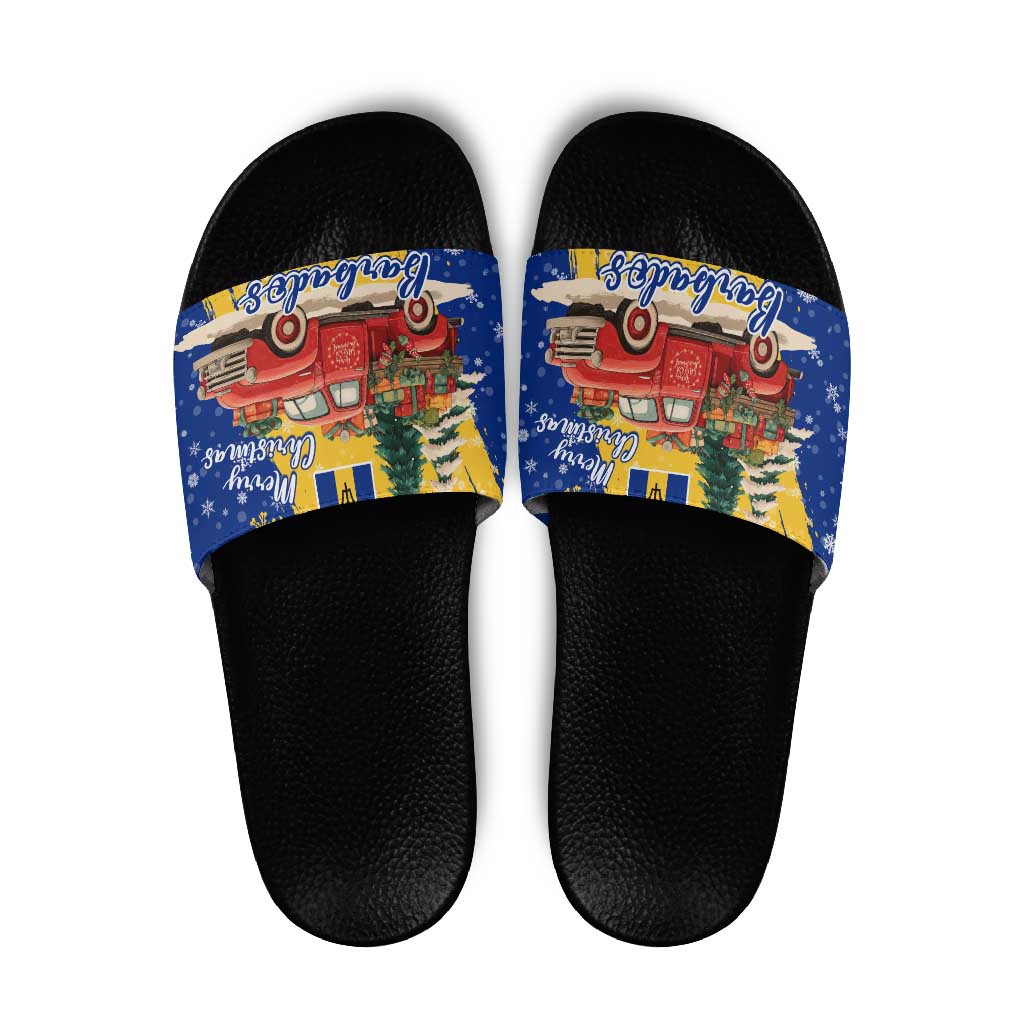 Barbados Christmas Slide Sandals with Blue Yellow Xmas Snowflakes Red Truck and Coat of Arms - Wonder Print Shop