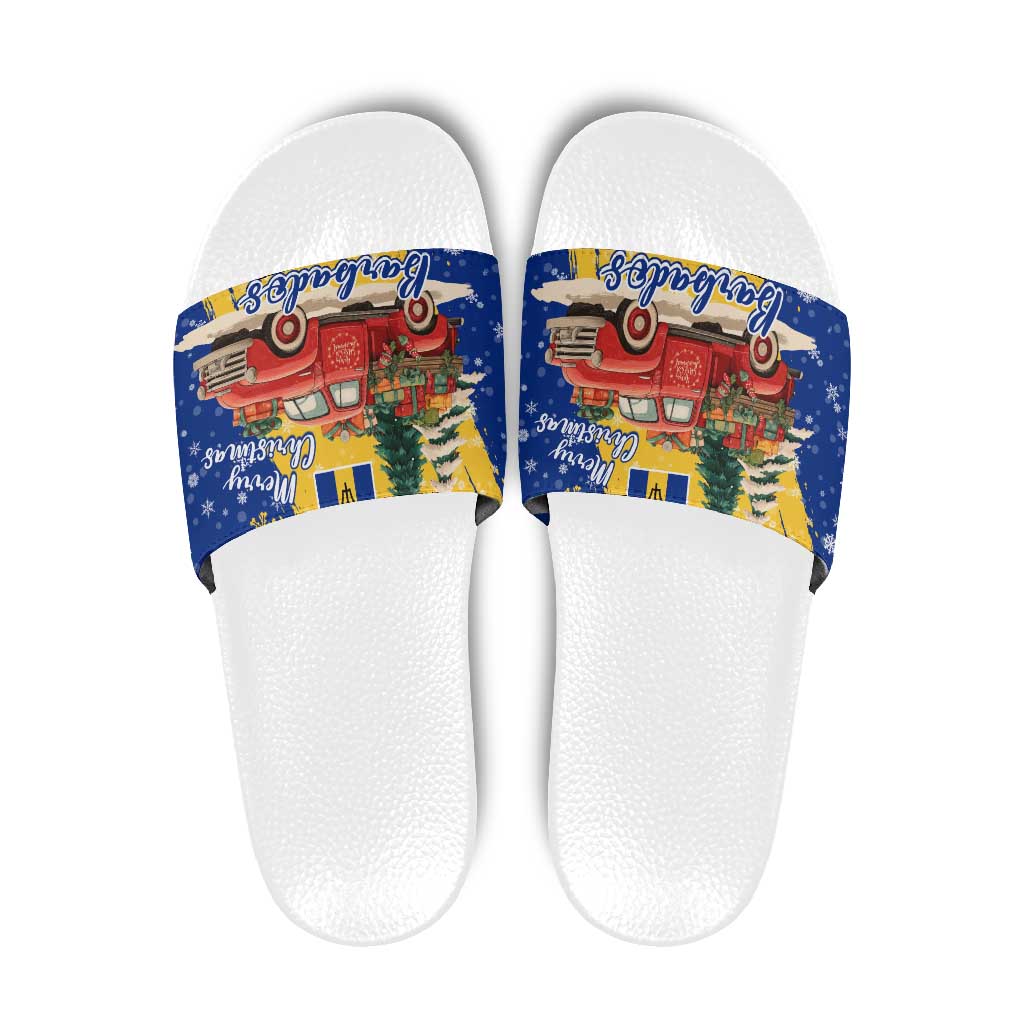 Barbados Christmas Slide Sandals with Blue Yellow Xmas Snowflakes Red Truck and Coat of Arms - Wonder Print Shop
