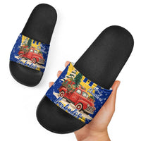Barbados Christmas Slide Sandals with Blue Yellow Xmas Snowflakes Red Truck and Coat of Arms - Wonder Print Shop