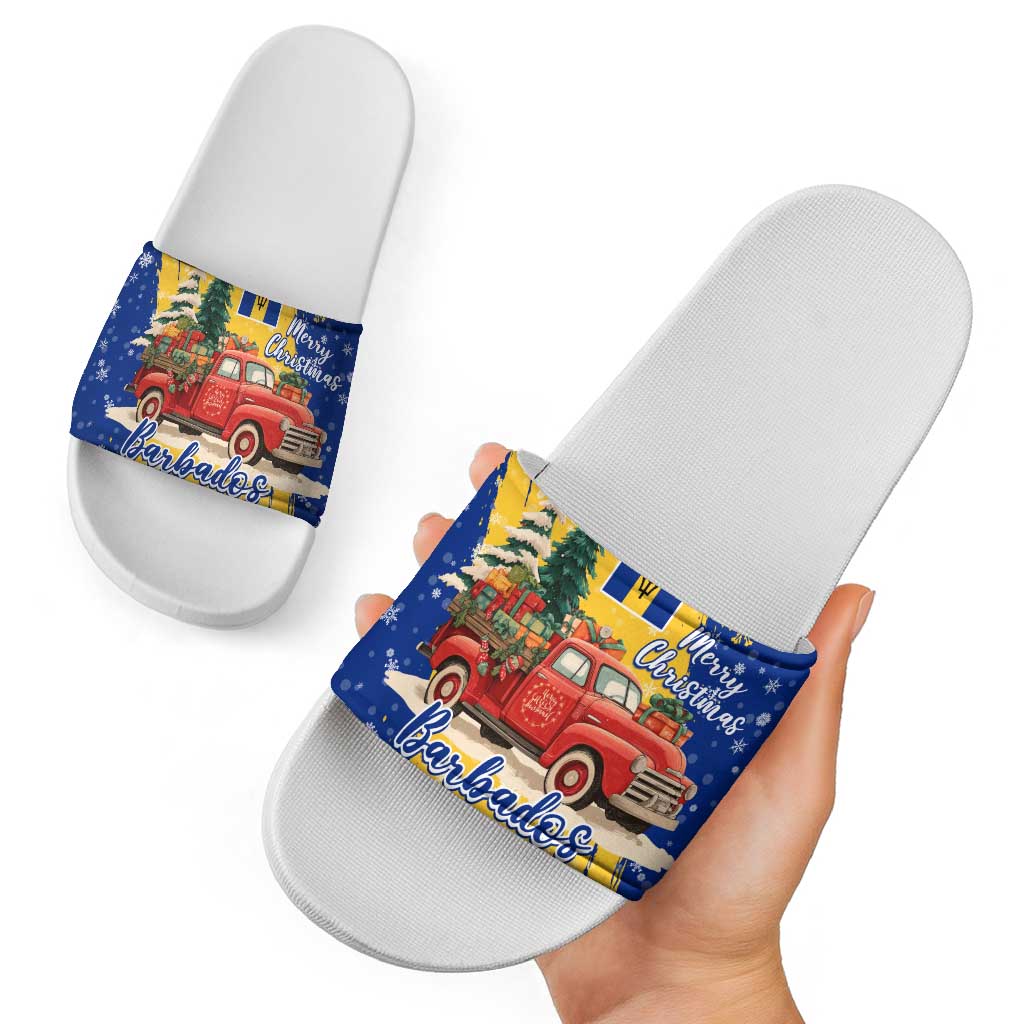 Barbados Christmas Slide Sandals with Blue Yellow Xmas Snowflakes Red Truck and Coat of Arms - Wonder Print Shop