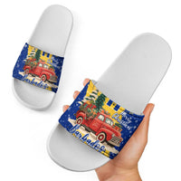 Barbados Christmas Slide Sandals with Blue Yellow Xmas Snowflakes Red Truck and Coat of Arms - Wonder Print Shop