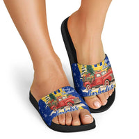 Barbados Christmas Slide Sandals with Blue Yellow Xmas Snowflakes Red Truck and Coat of Arms - Wonder Print Shop
