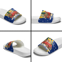 Barbados Christmas Slide Sandals with Blue Yellow Xmas Snowflakes Red Truck and Coat of Arms - Wonder Print Shop