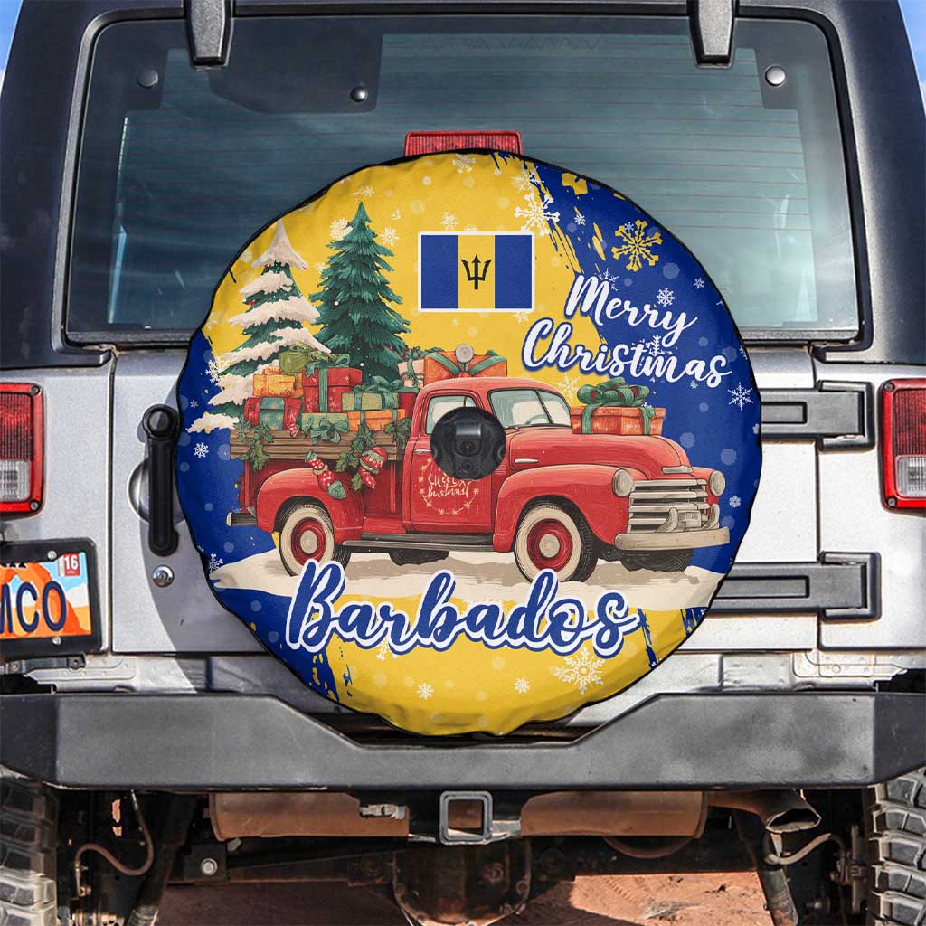Barbados Christmas Spare Tire Cover with Blue Yellow Xmas Snowflakes Red Truck and Coat of Arms - Wonder Print Shop