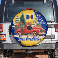 Barbados Christmas Spare Tire Cover with Blue Yellow Xmas Snowflakes Red Truck and Coat of Arms - Wonder Print Shop