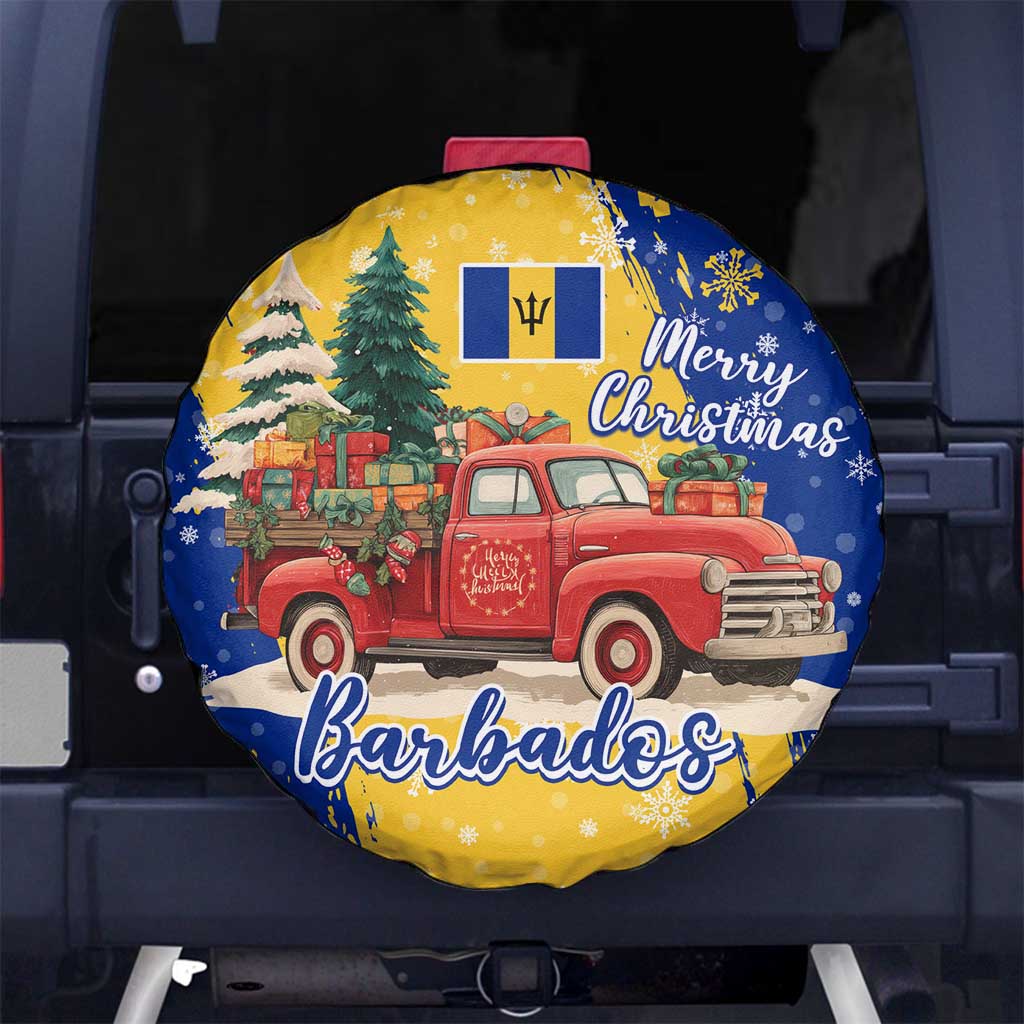 Barbados Christmas Spare Tire Cover with Blue Yellow Xmas Snowflakes Red Truck and Coat of Arms - Wonder Print Shop