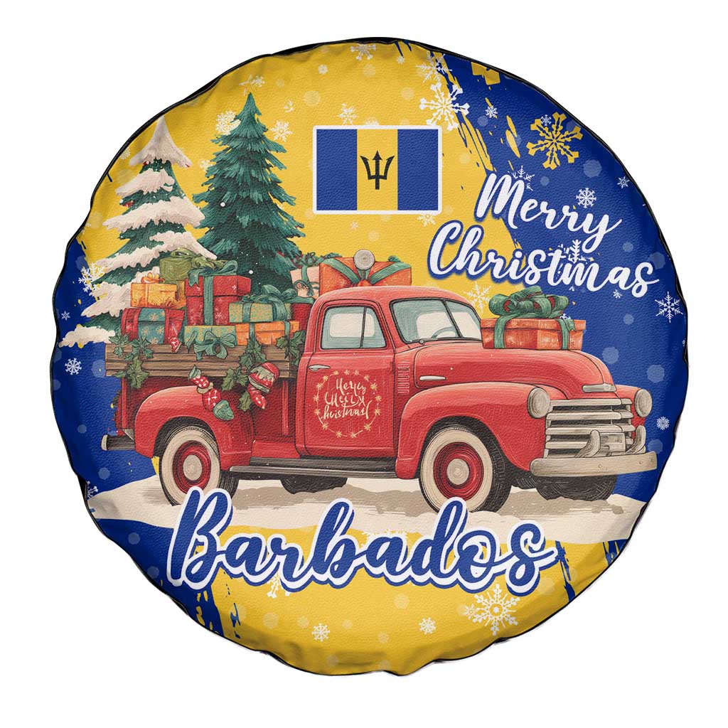 Barbados Christmas Spare Tire Cover with Blue Yellow Xmas Snowflakes Red Truck and Coat of Arms - Wonder Print Shop