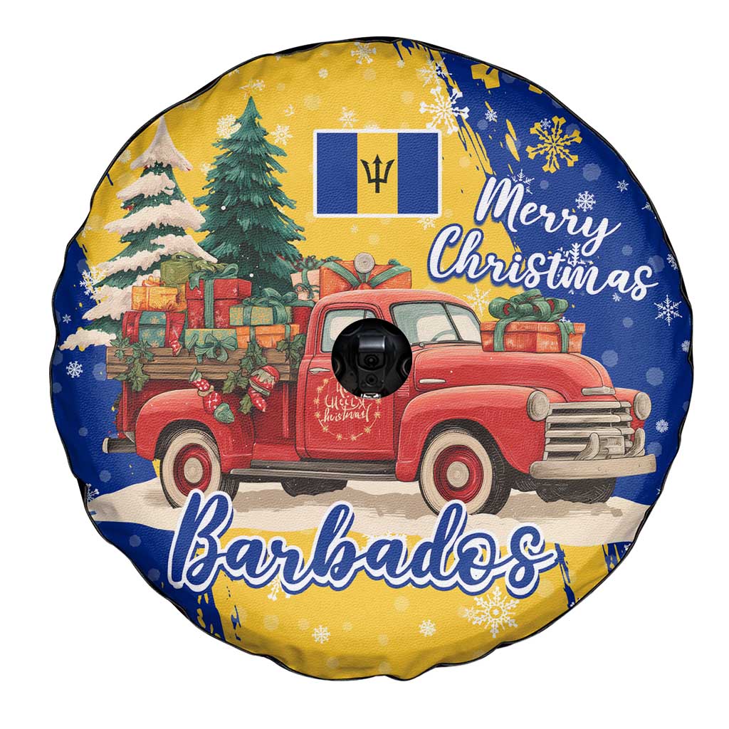 Barbados Christmas Spare Tire Cover with Blue Yellow Xmas Snowflakes Red Truck and Coat of Arms - Wonder Print Shop