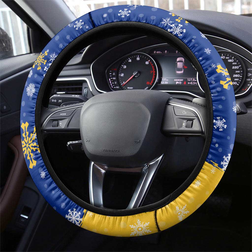 Barbados Christmas Steering Wheel Cover with Blue Yellow Xmas Snowflakes Red Truck and Coat of Arms - Wonder Print Shop