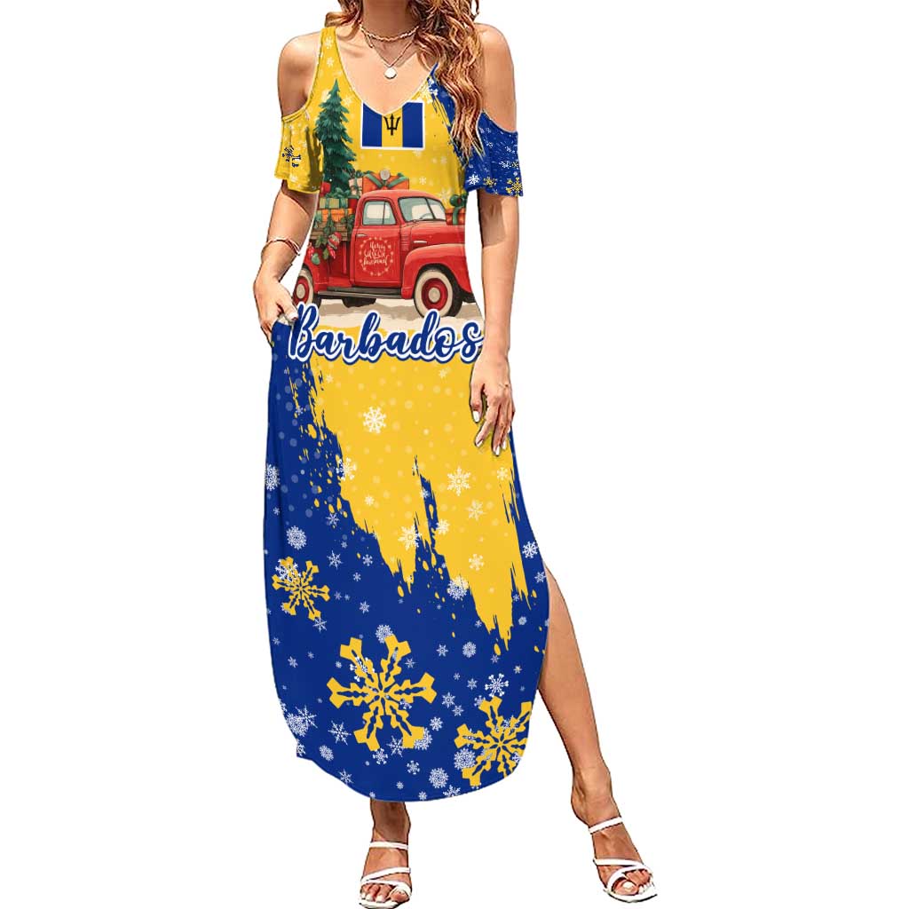 Barbados Christmas Summer Maxi Dress with Blue Yellow Xmas Snowflakes Red Truck and Coat of Arms - Wonder Print Shop