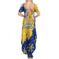 Barbados Christmas Summer Maxi Dress with Blue Yellow Xmas Snowflakes Red Truck and Coat of Arms - Wonder Print Shop