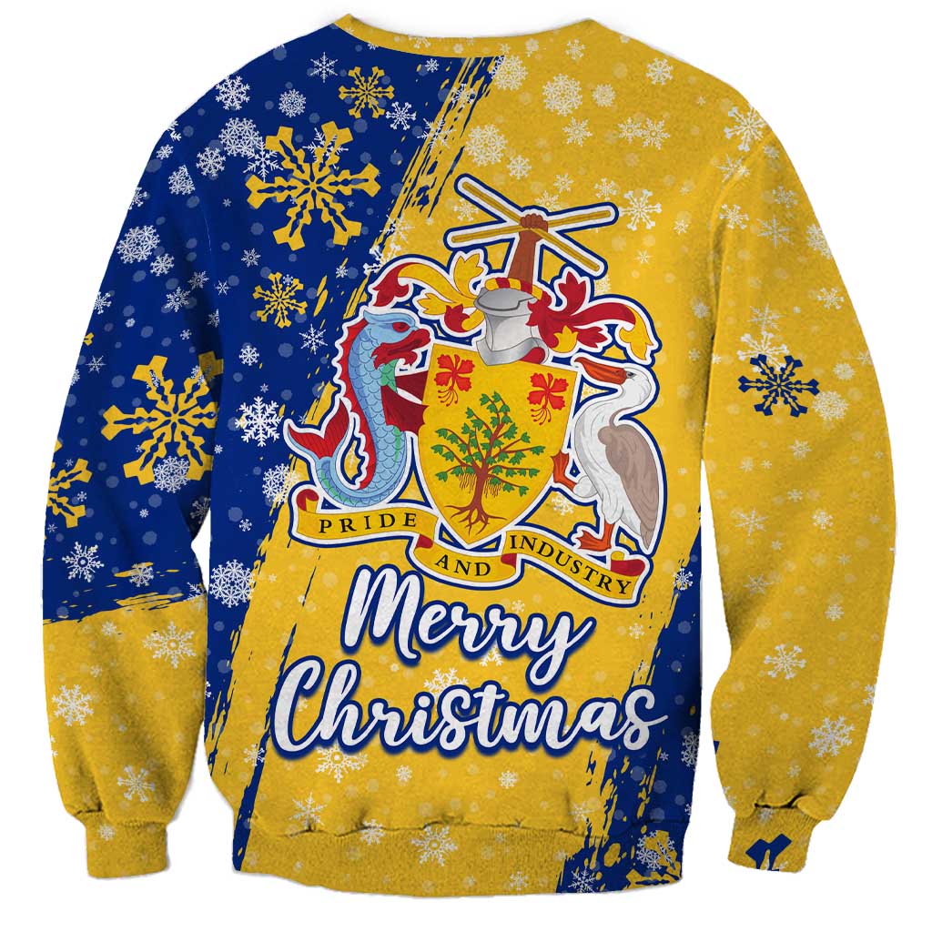 Barbados Christmas Sweatshirt with Blue Yellow Xmas Snowflakes Red Truck and Coat of Arms - Wonder Print Shop