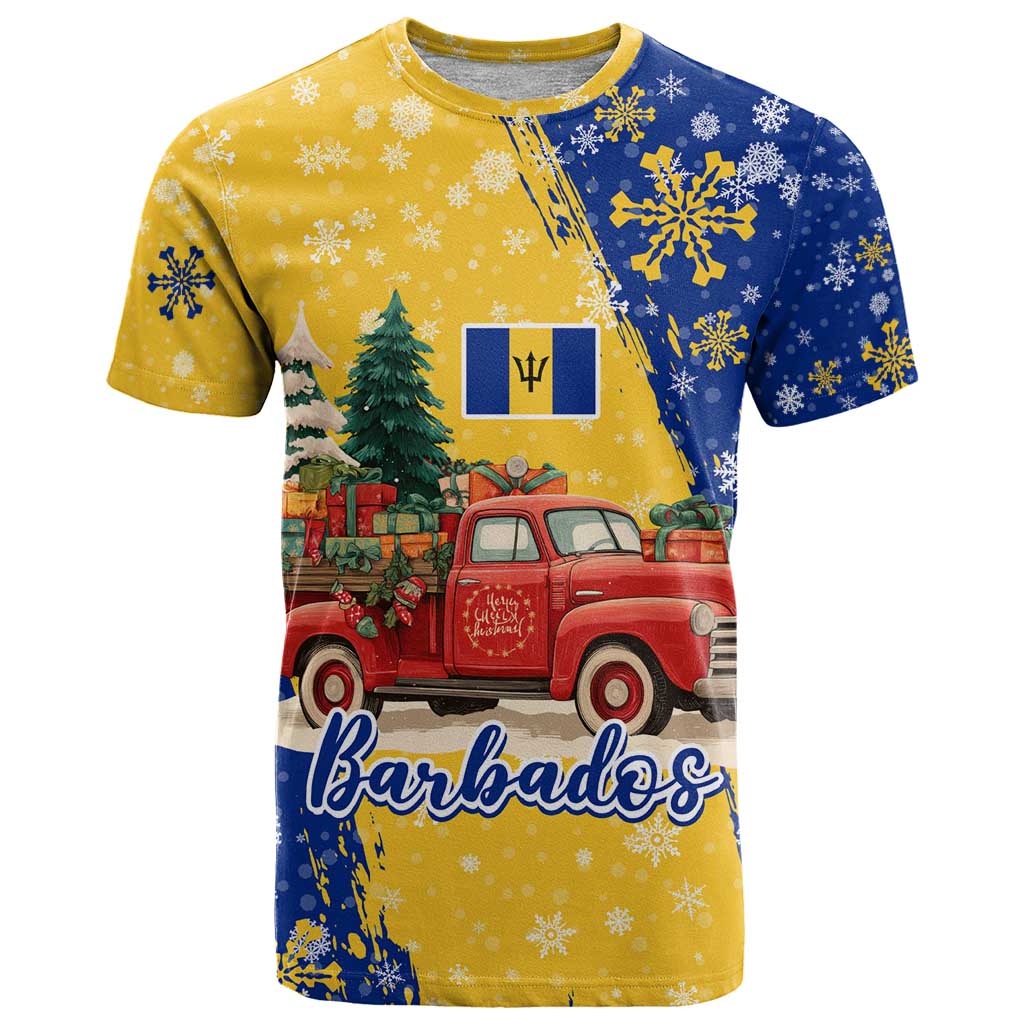 Barbados Christmas T Shirt with Blue Yellow Xmas Snowflakes Red Truck and Coat of Arms - Wonder Print Shop