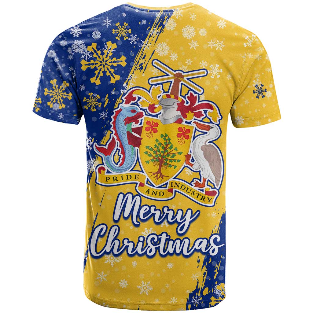 Barbados Christmas T Shirt with Blue Yellow Xmas Snowflakes Red Truck and Coat of Arms - Wonder Print Shop