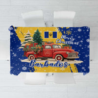 Barbados Christmas Tablecloth with Blue Yellow Xmas Snowflakes Red Truck and Coat of Arms - Wonder Print Shop