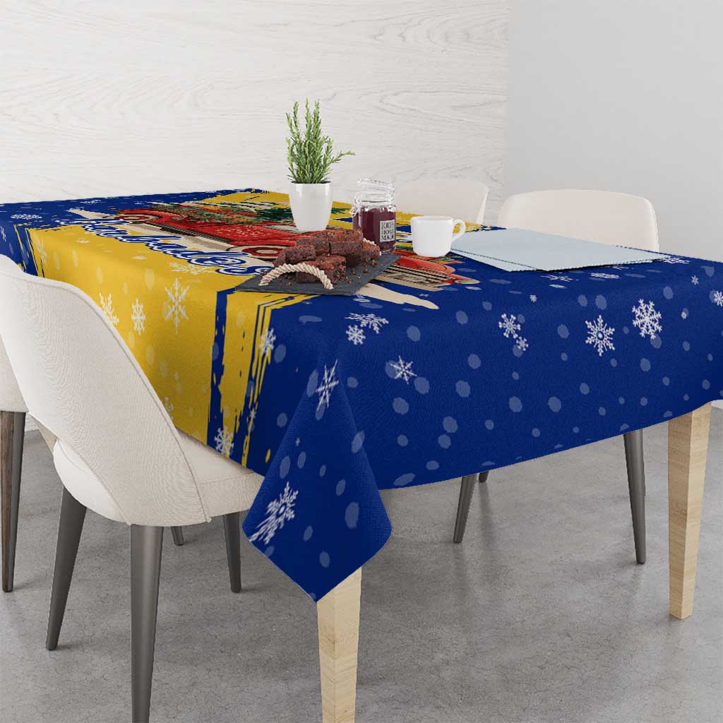 Barbados Christmas Tablecloth with Blue Yellow Xmas Snowflakes Red Truck and Coat of Arms - Wonder Print Shop