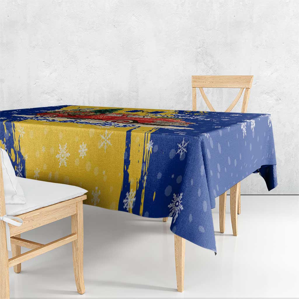 Barbados Christmas Tablecloth with Blue Yellow Xmas Snowflakes Red Truck and Coat of Arms - Wonder Print Shop