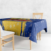 Barbados Christmas Tablecloth with Blue Yellow Xmas Snowflakes Red Truck and Coat of Arms - Wonder Print Shop