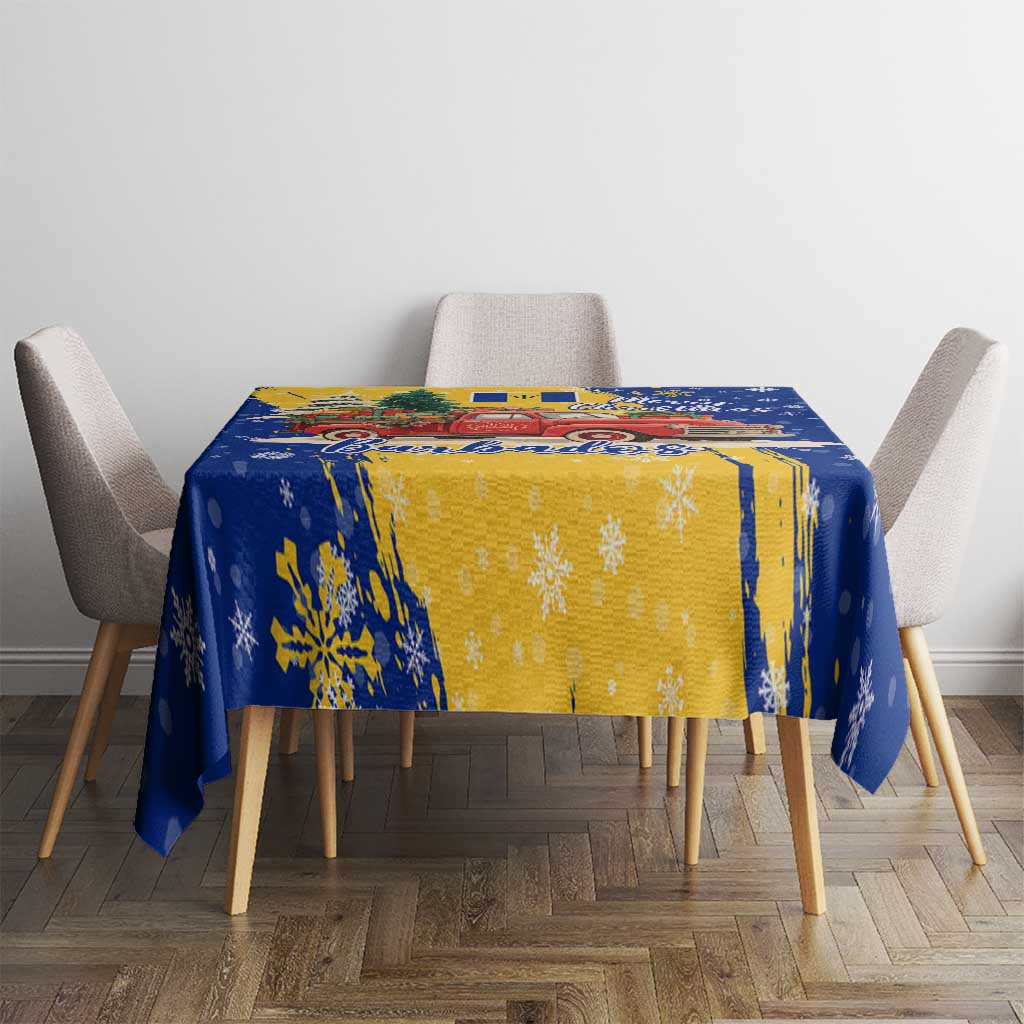 Barbados Christmas Tablecloth with Blue Yellow Xmas Snowflakes Red Truck and Coat of Arms - Wonder Print Shop