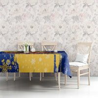 Barbados Christmas Tablecloth with Blue Yellow Xmas Snowflakes Red Truck and Coat of Arms - Wonder Print Shop