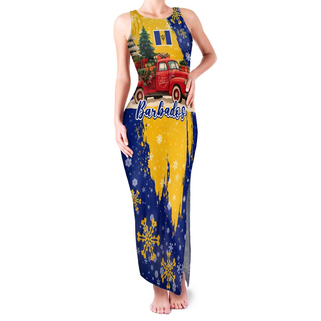 Barbados Christmas Tank Maxi Dress with Blue Yellow Xmas Snowflakes Red Truck and Coat of Arms - Wonder Print Shop