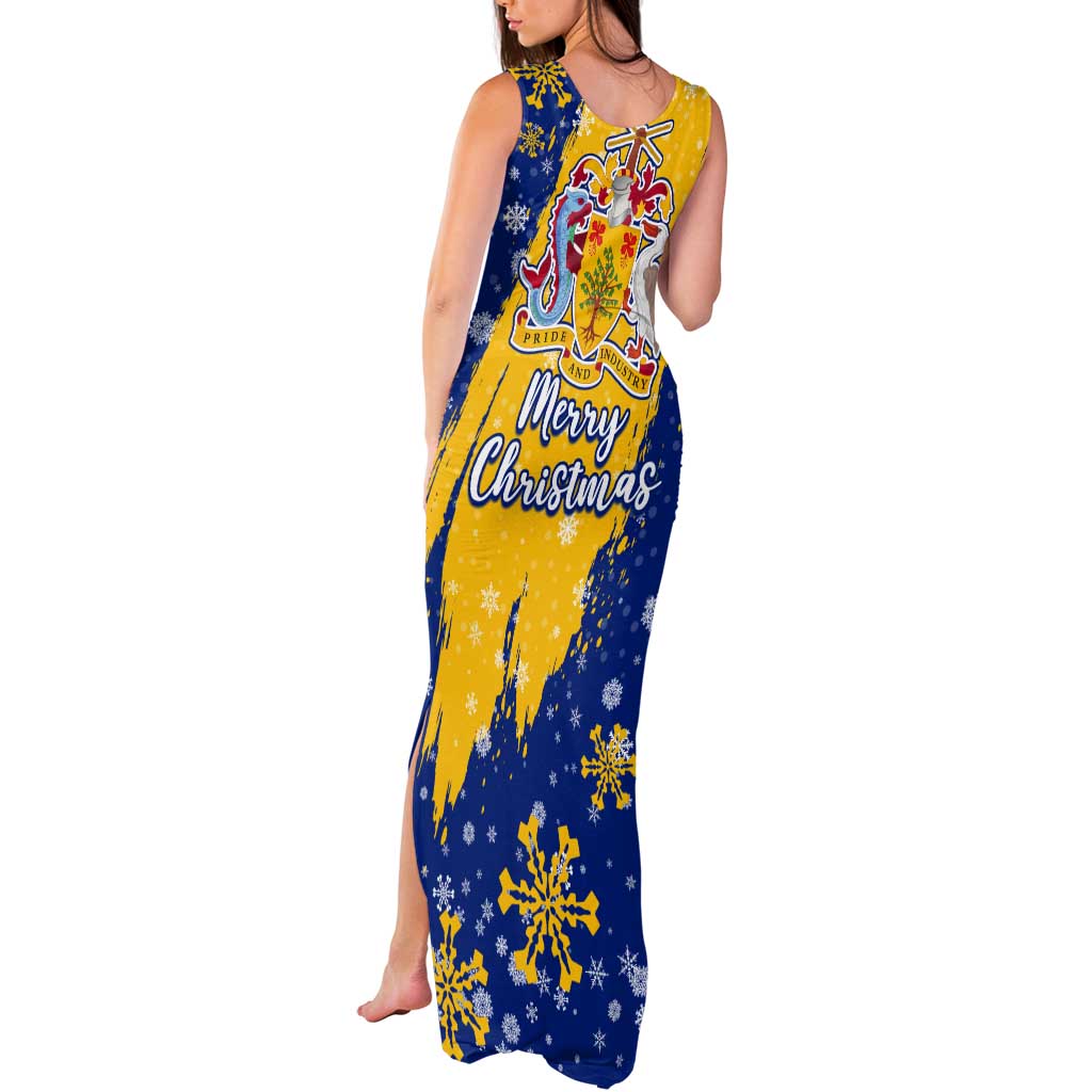 Barbados Christmas Tank Maxi Dress with Blue Yellow Xmas Snowflakes Red Truck and Coat of Arms - Wonder Print Shop