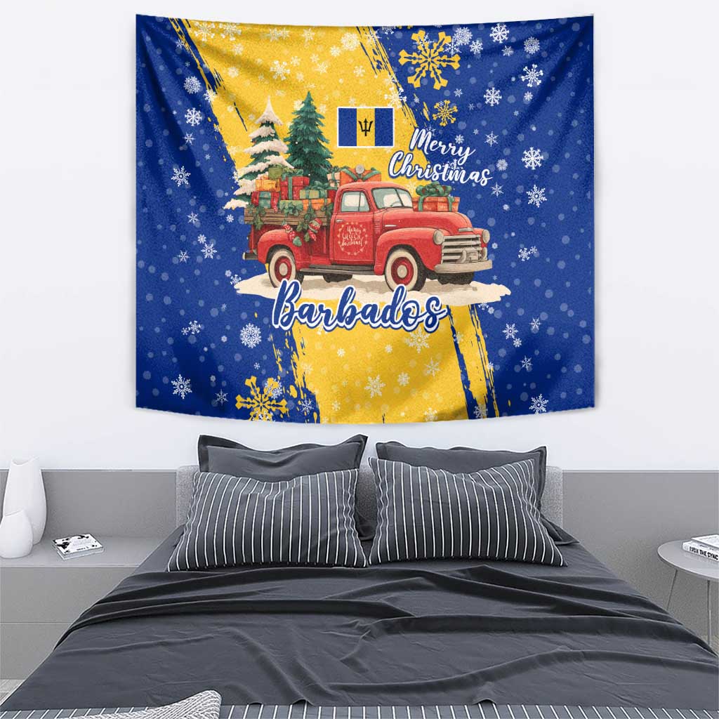 Barbados Christmas Tapestry with Blue Yellow Xmas Snowflakes Red Truck and Coat of Arms - Wonder Print Shop