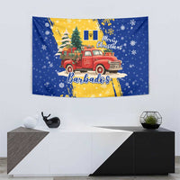 Barbados Christmas Tapestry with Blue Yellow Xmas Snowflakes Red Truck and Coat of Arms - Wonder Print Shop