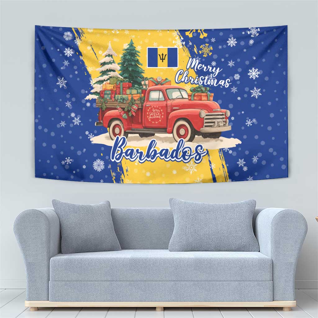 Barbados Christmas Tapestry with Blue Yellow Xmas Snowflakes Red Truck and Coat of Arms - Wonder Print Shop