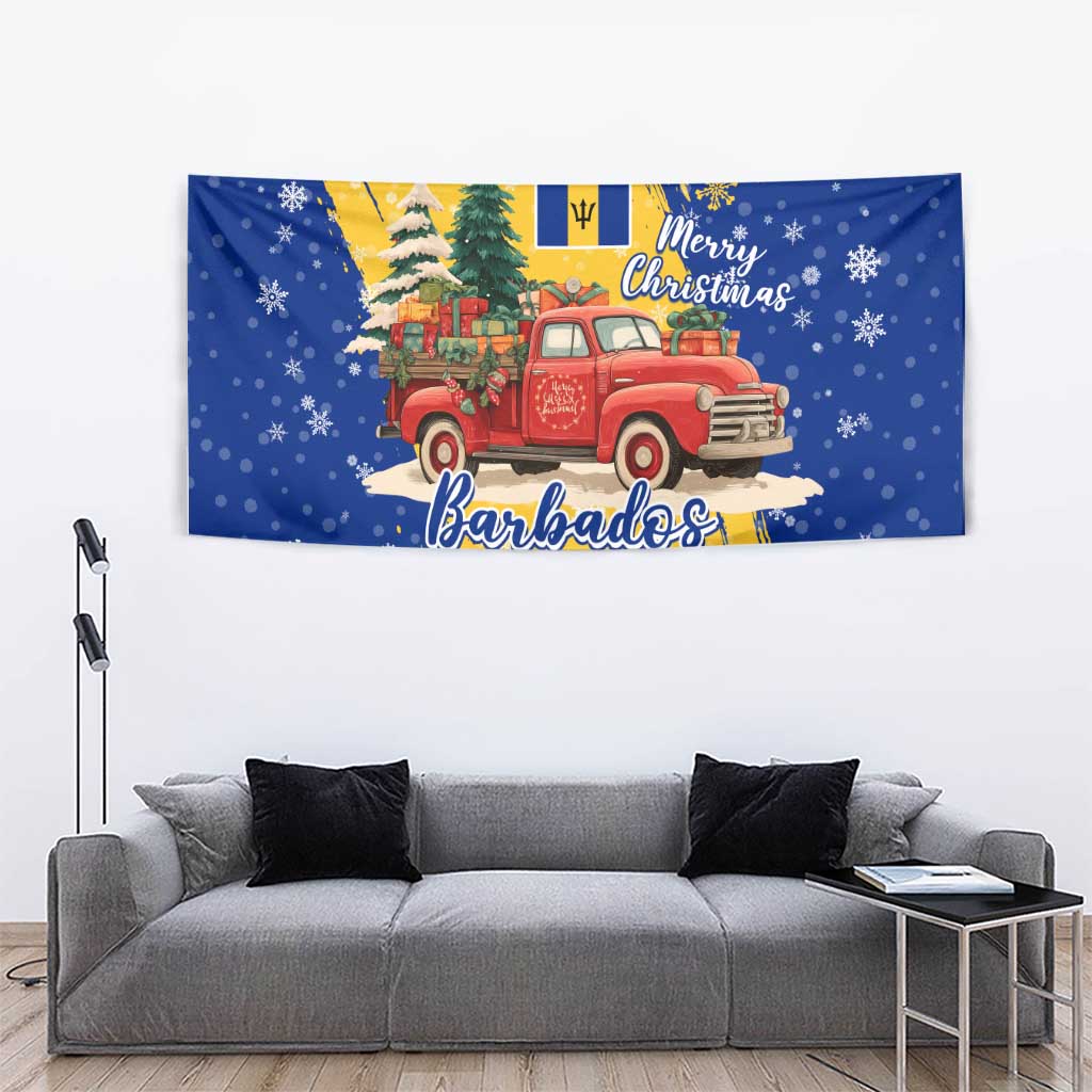 Barbados Christmas Tapestry with Blue Yellow Xmas Snowflakes Red Truck and Coat of Arms - Wonder Print Shop