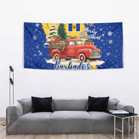 Barbados Christmas Tapestry with Blue Yellow Xmas Snowflakes Red Truck and Coat of Arms - Wonder Print Shop