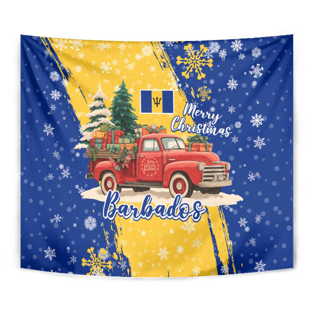 Barbados Christmas Tapestry with Blue Yellow Xmas Snowflakes Red Truck and Coat of Arms - Wonder Print Shop