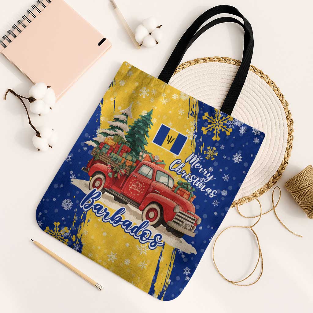 Barbados Christmas Tote Bag with Blue Yellow Xmas Snowflakes Red Truck and Coat of Arms - Wonder Print Shop