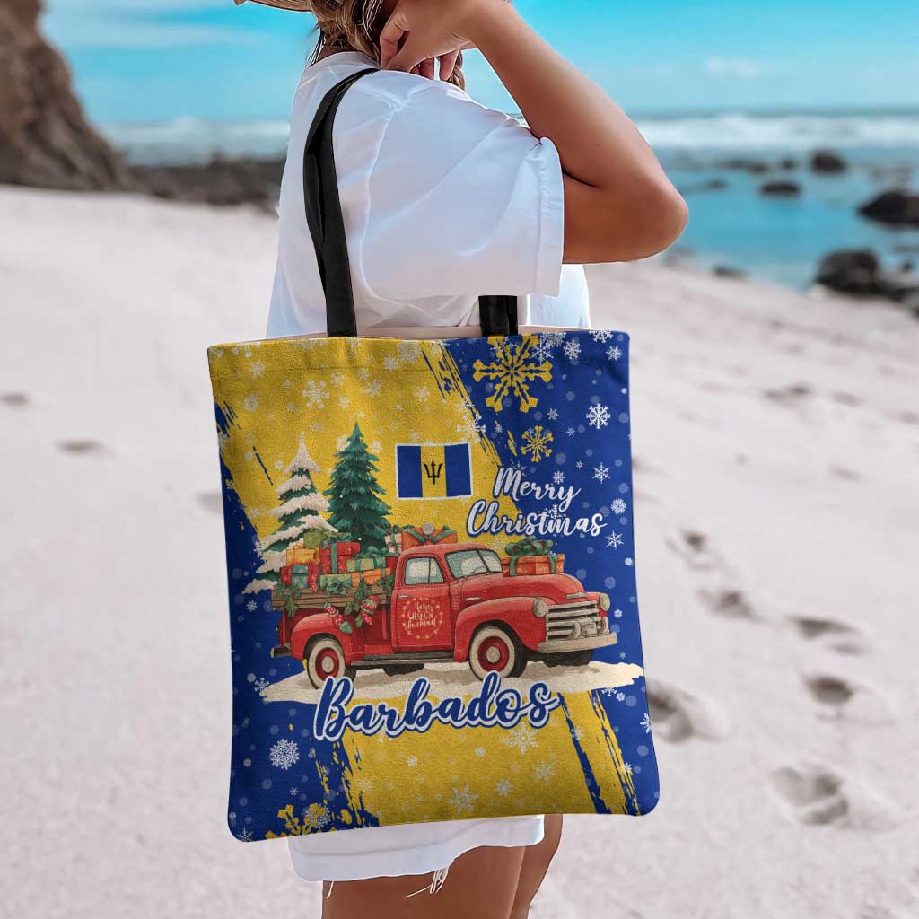 Barbados Christmas Tote Bag with Blue Yellow Xmas Snowflakes Red Truck and Coat of Arms - Wonder Print Shop