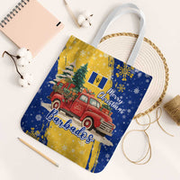 Barbados Christmas Tote Bag with Blue Yellow Xmas Snowflakes Red Truck and Coat of Arms - Wonder Print Shop