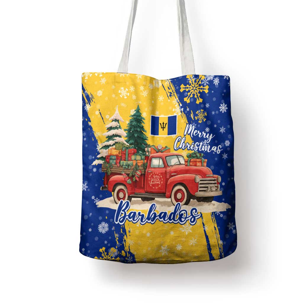 Barbados Christmas Tote Bag with Blue Yellow Xmas Snowflakes Red Truck and Coat of Arms - Wonder Print Shop