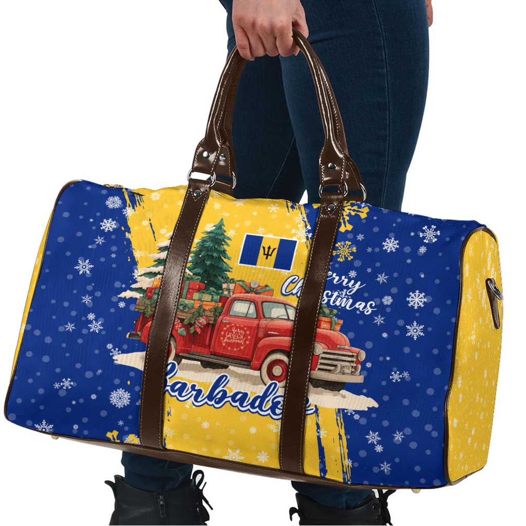 Barbados Christmas Travel Bag with Blue Yellow Xmas Snowflakes Red Truck and Coat of Arms - Wonder Print Shop