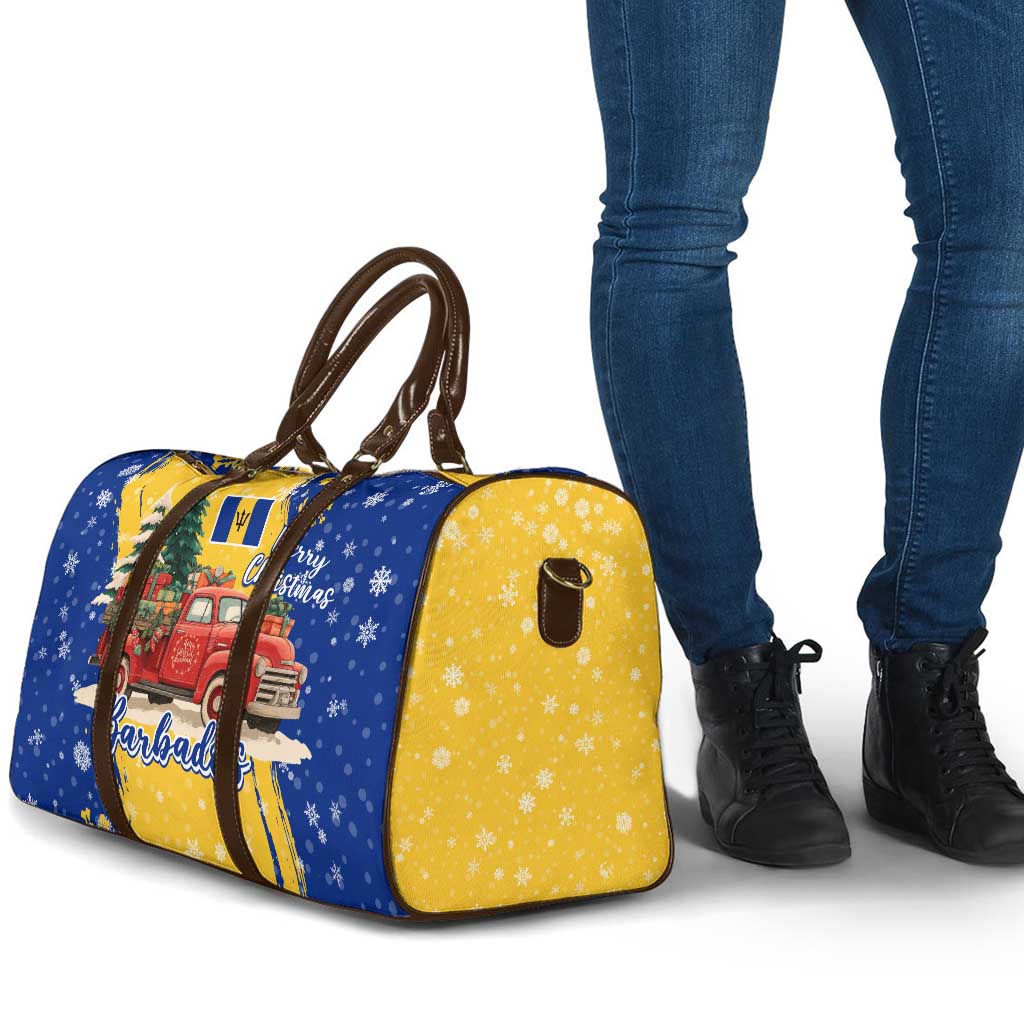 Barbados Christmas Travel Bag with Blue Yellow Xmas Snowflakes Red Truck and Coat of Arms - Wonder Print Shop