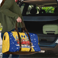 Barbados Christmas Travel Bag with Blue Yellow Xmas Snowflakes Red Truck and Coat of Arms - Wonder Print Shop