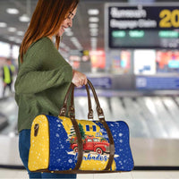 Barbados Christmas Travel Bag with Blue Yellow Xmas Snowflakes Red Truck and Coat of Arms - Wonder Print Shop