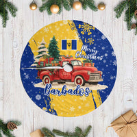 Barbados Christmas Tree Skirt with Blue Yellow Xmas Snowflakes Red Truck and Coat of Arms - Wonder Print Shop